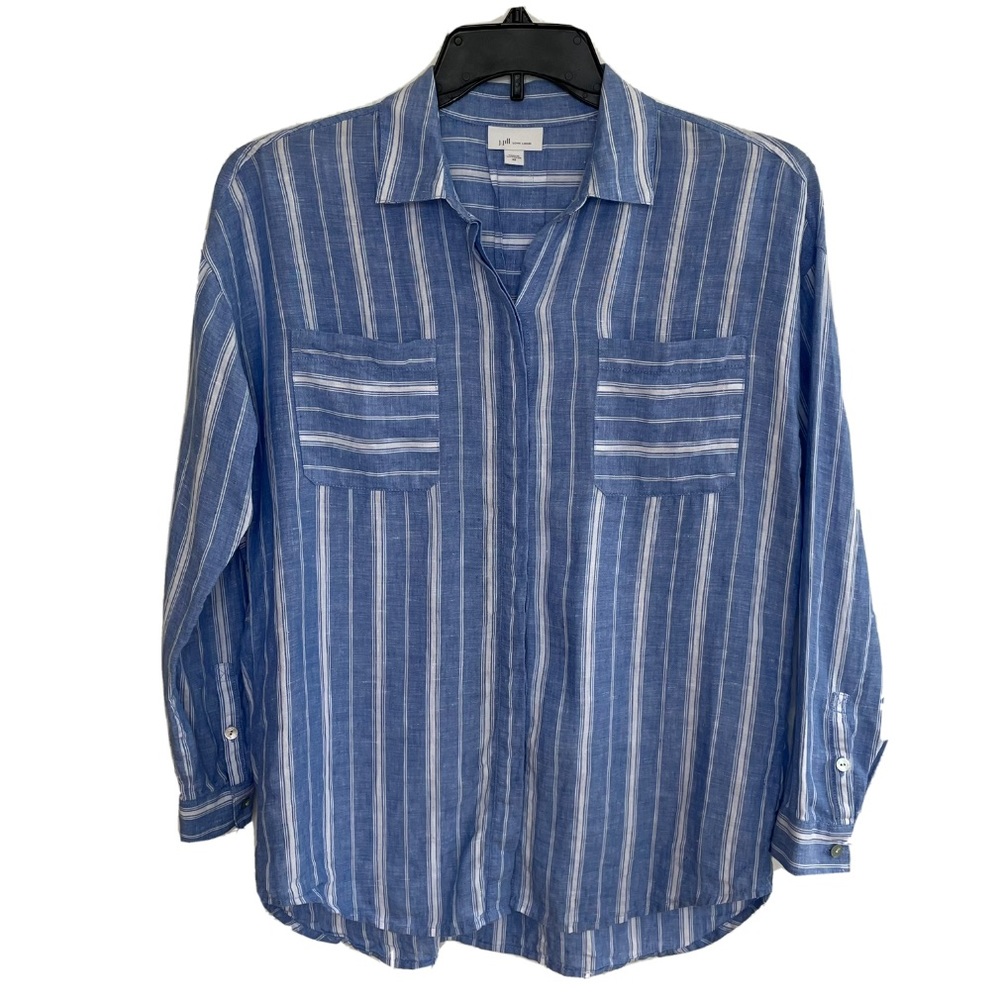 J-Jill Love Linen Button Up Tunic Shirt Top XS Blue White Stripe Coastal Grandma
